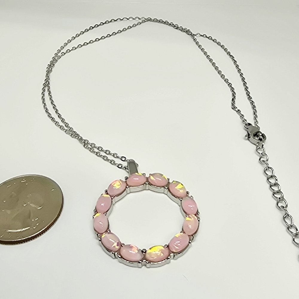 Pink Color Simulated Opal Resin Necklace in Stainless Steel 20-22 Inches - Picture 3 of 3